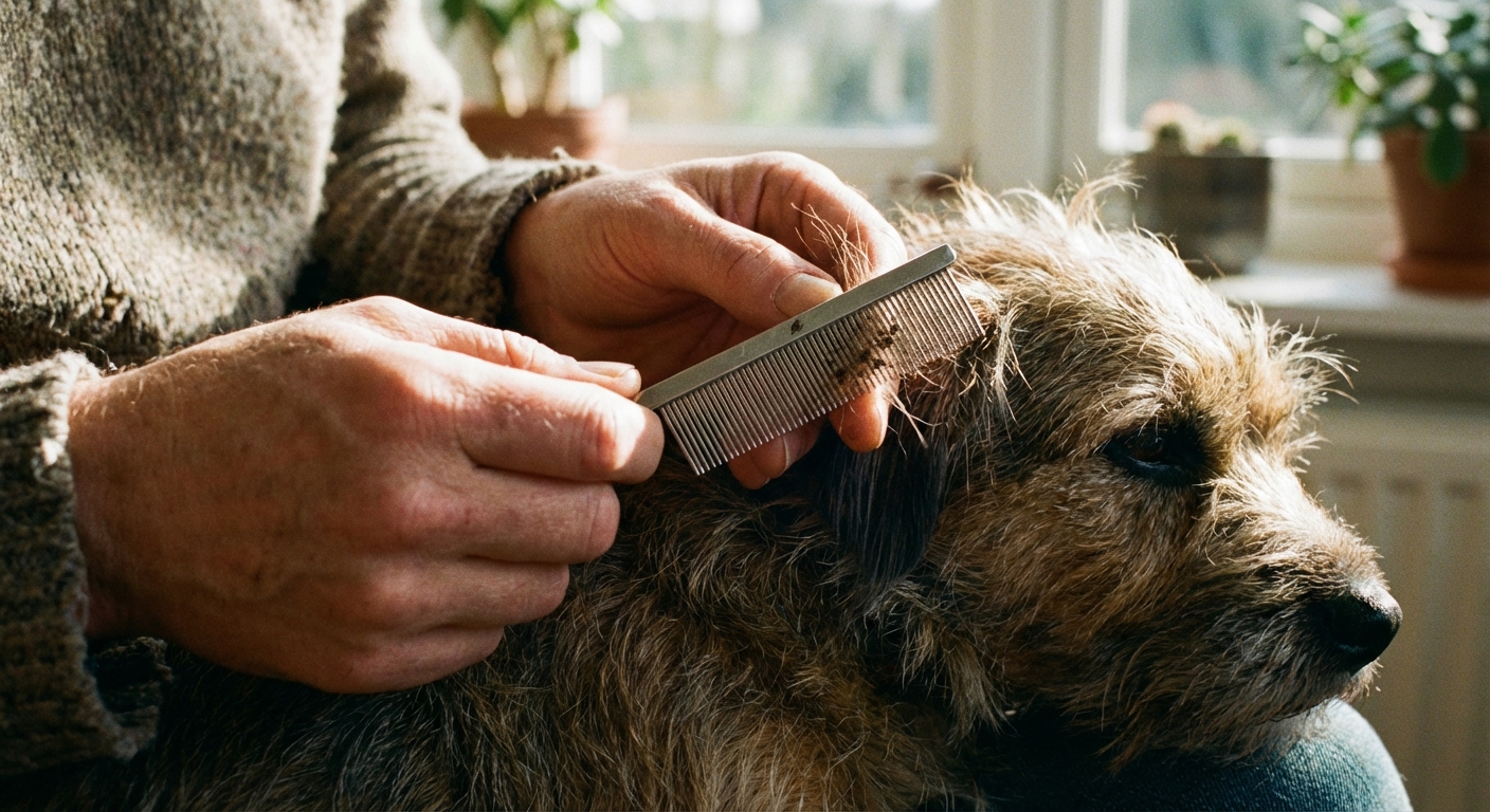 A close-up real photo of a person using a fine-tooth flea comb on a dog’s fur in natural window light