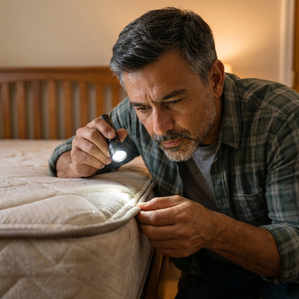 A close-up real photo of a person using a flashlight to inspect the seam of a mattress near the corner