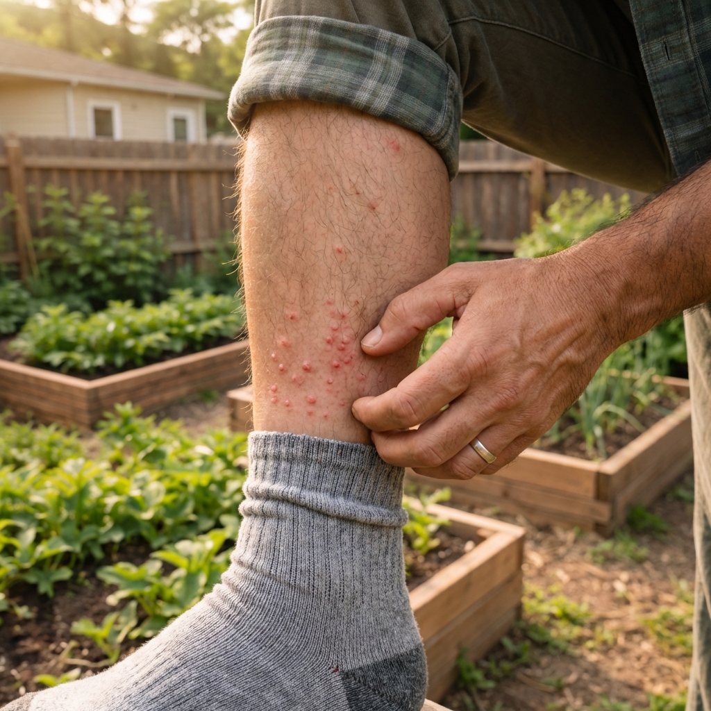 A close-up real photo of a person’s lower leg with small red itchy bumps clustered around the sock line outdoors in natural light