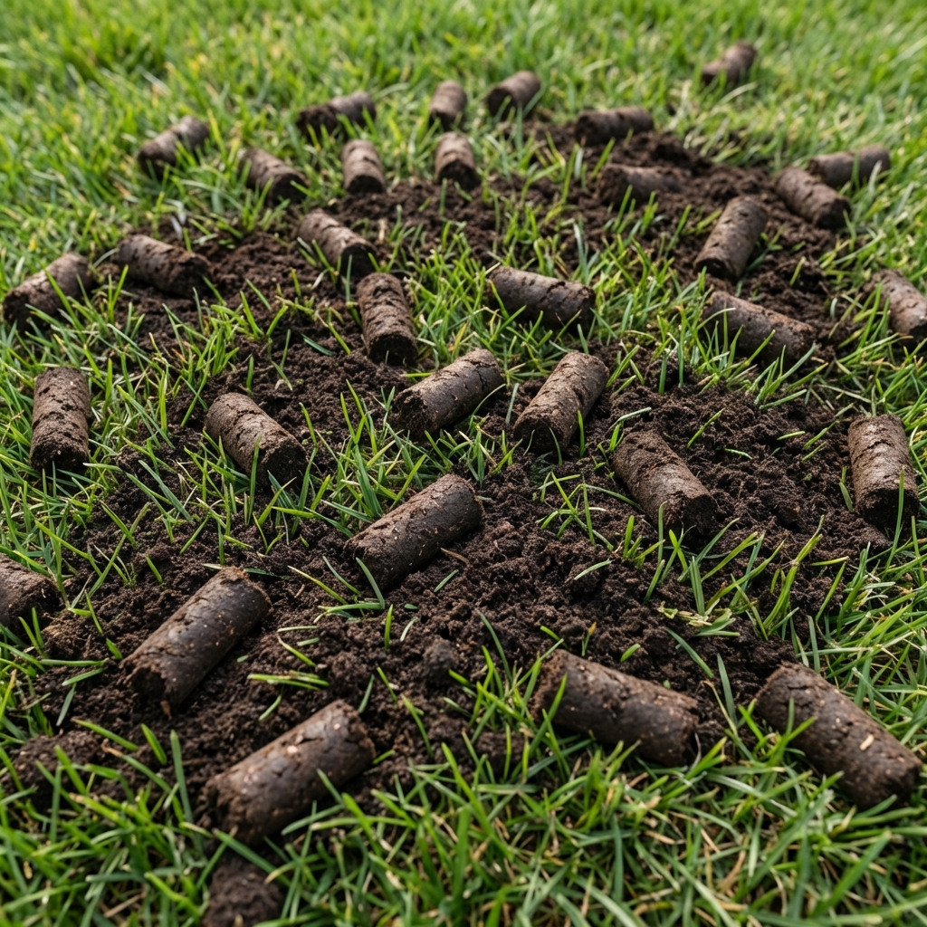 A close-up real photo of soil plugs on a lawn after core aeration with scattered compost topdressing