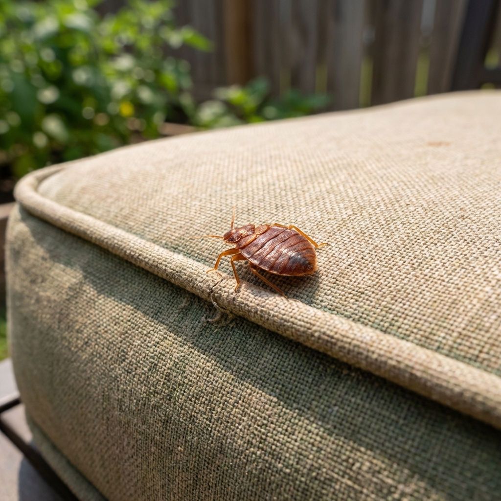 A close-up real photograph of a bedbug on the seam of an outdoor patio cushion in daylight