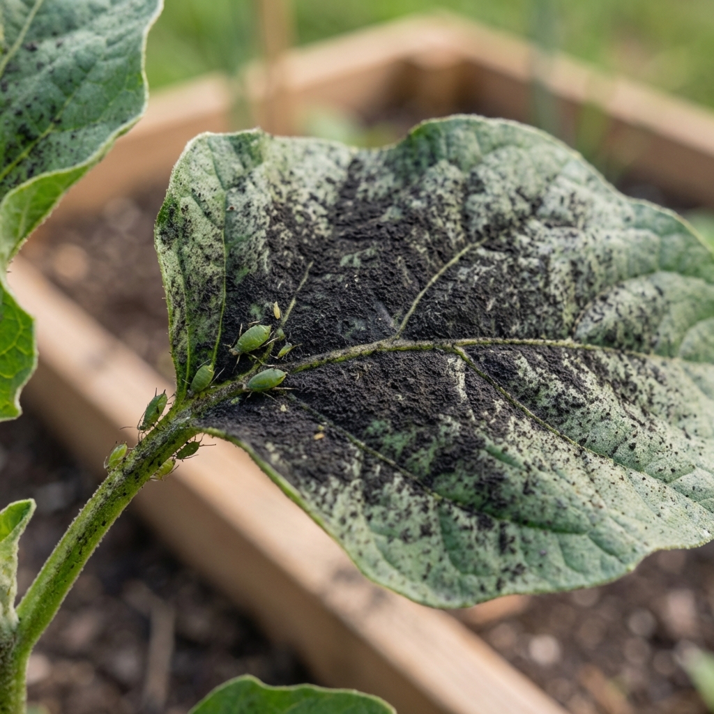 A close-up real photograph of a leaf with a black sooty coating and a few aphids clustered near the stem