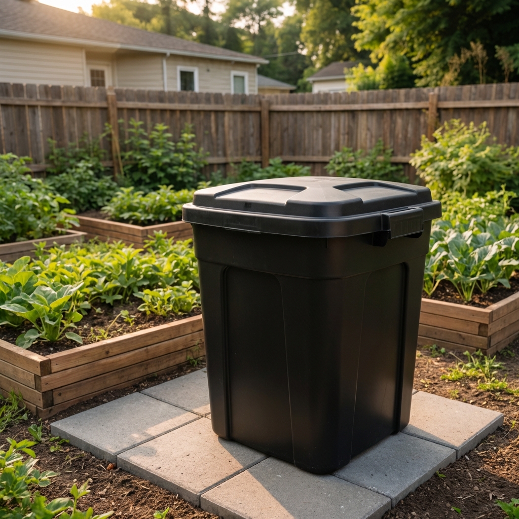 A closed black plastic compost bin with a tight lid sitting on pavers in a backyard