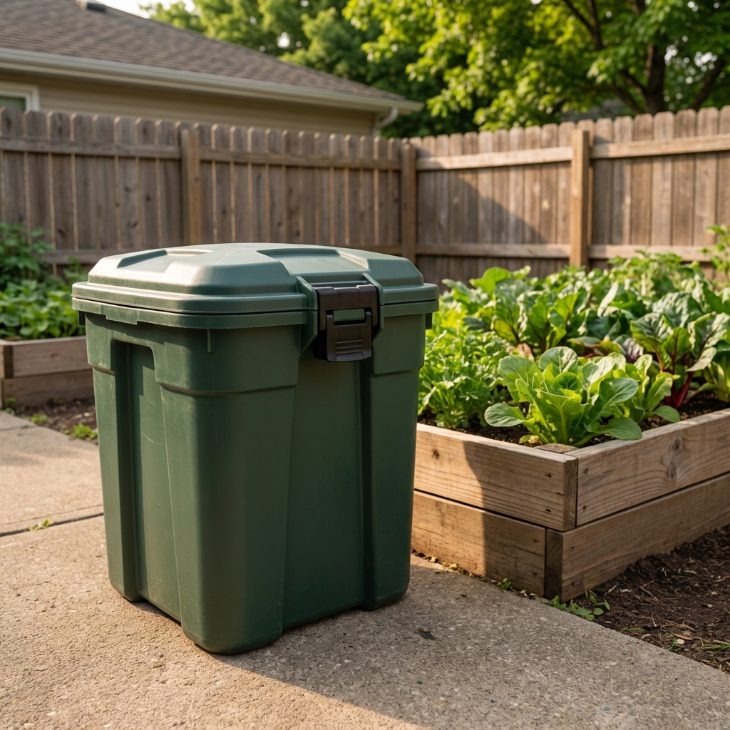 A closed compost bin with a latched lid placed on a paved area beside a garden