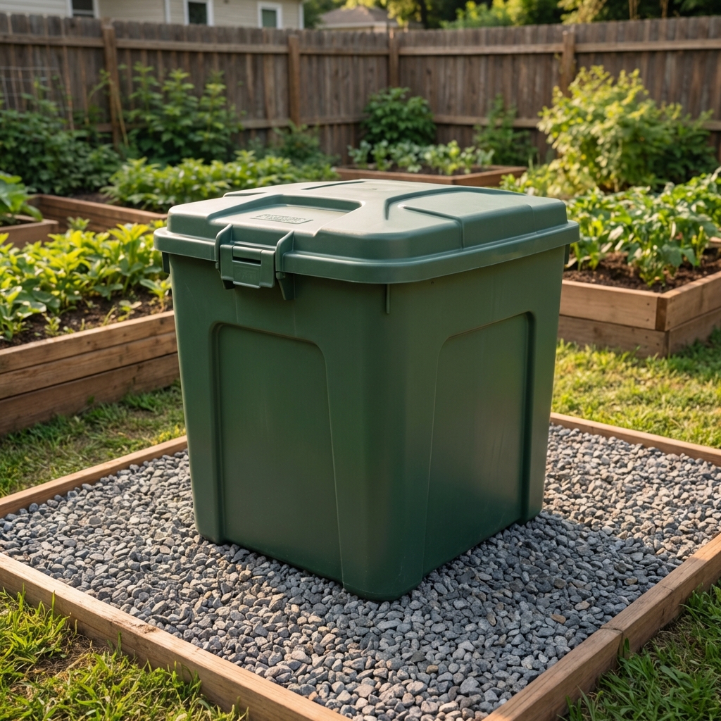 A closed compost bin with a secure lid placed on a tidy gravel pad