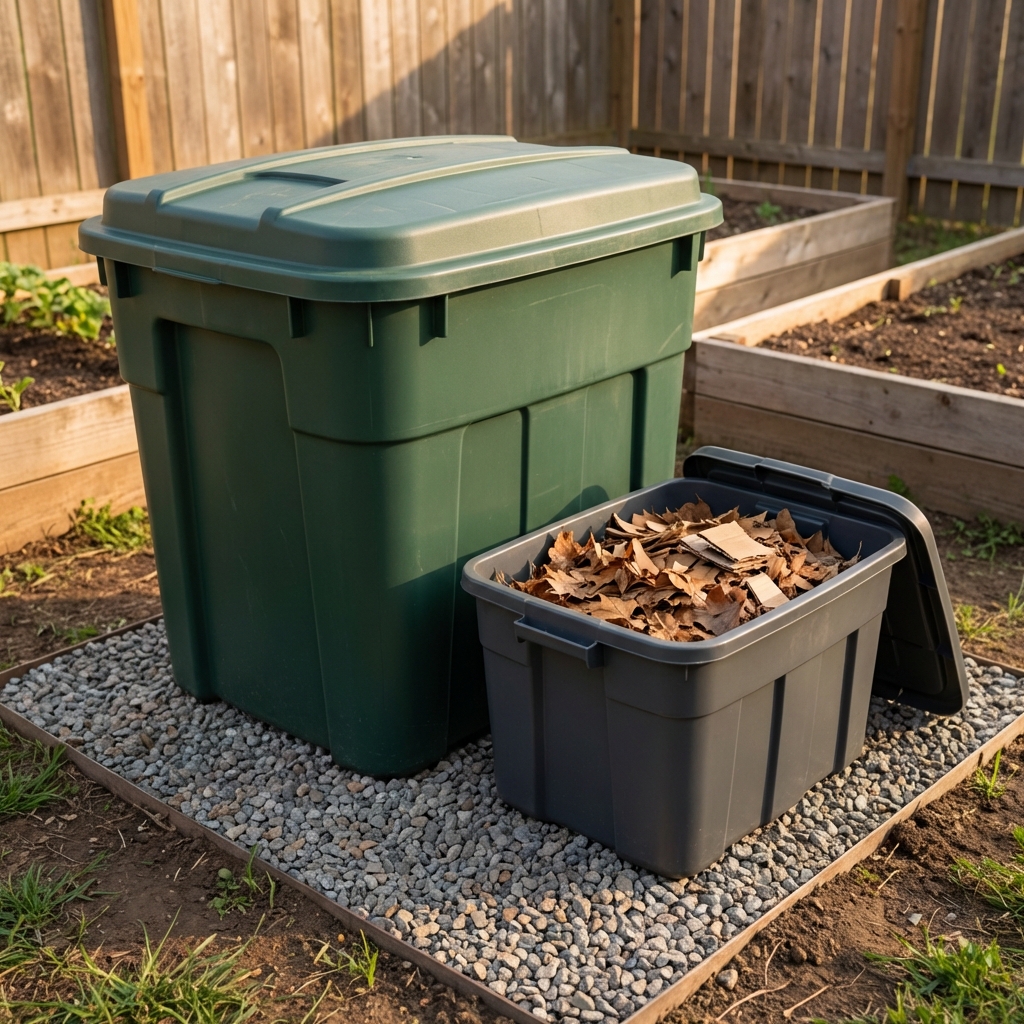 A closed outdoor compost bin on a gravel pad with leaves and shredded cardboard stored in a nearby lidded container