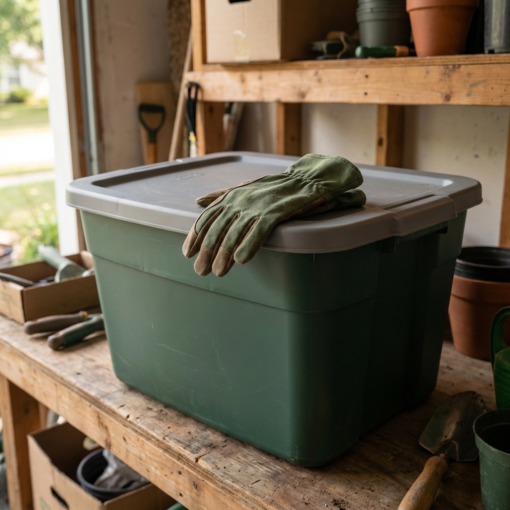 A closed plastic storage tote and gardening gloves on a garage shelf with daylight coming in