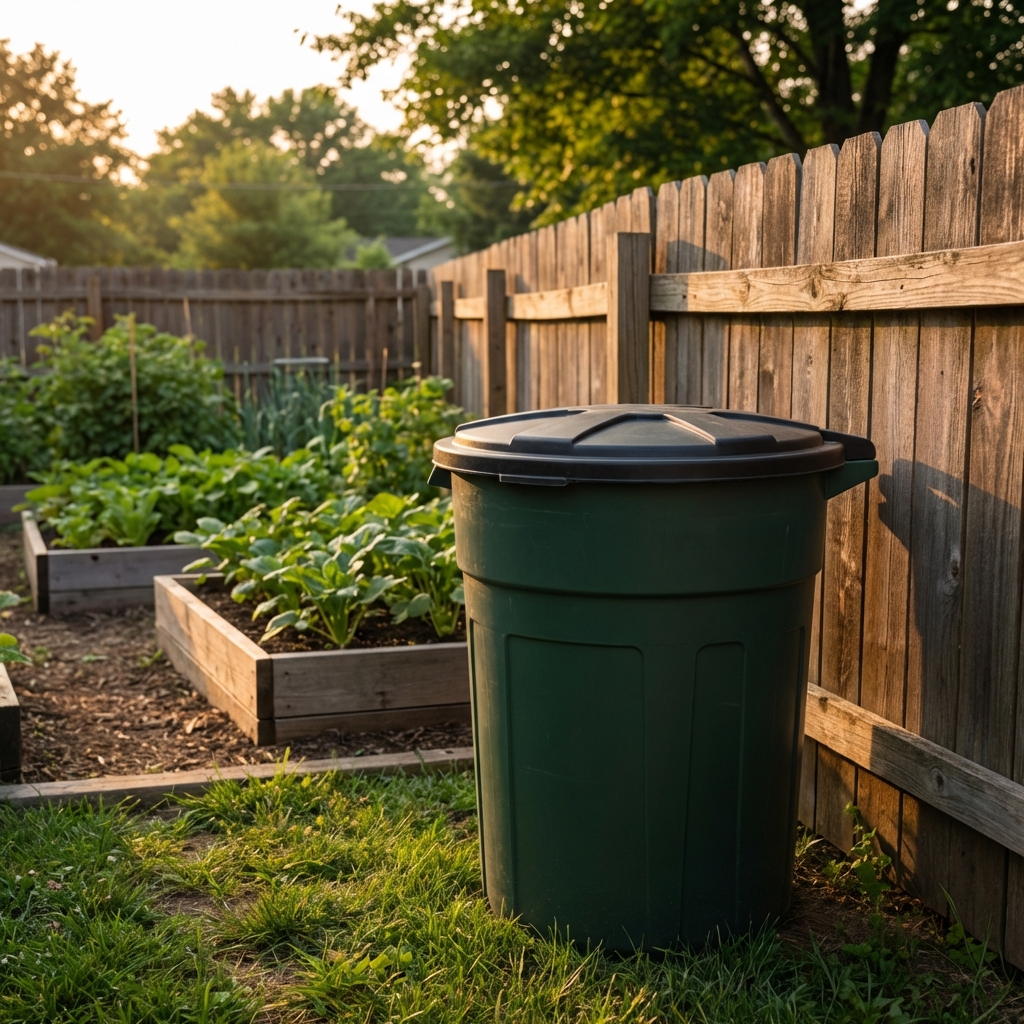 A closed trash can with a tight-fitting lid sitting beside a backyard fence at dusk