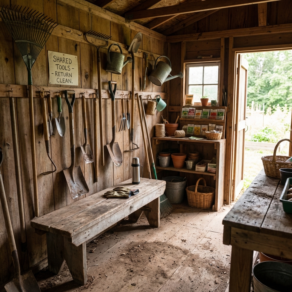 A community garden tool shed with hooks and a bench, showing a realistic shared storage space