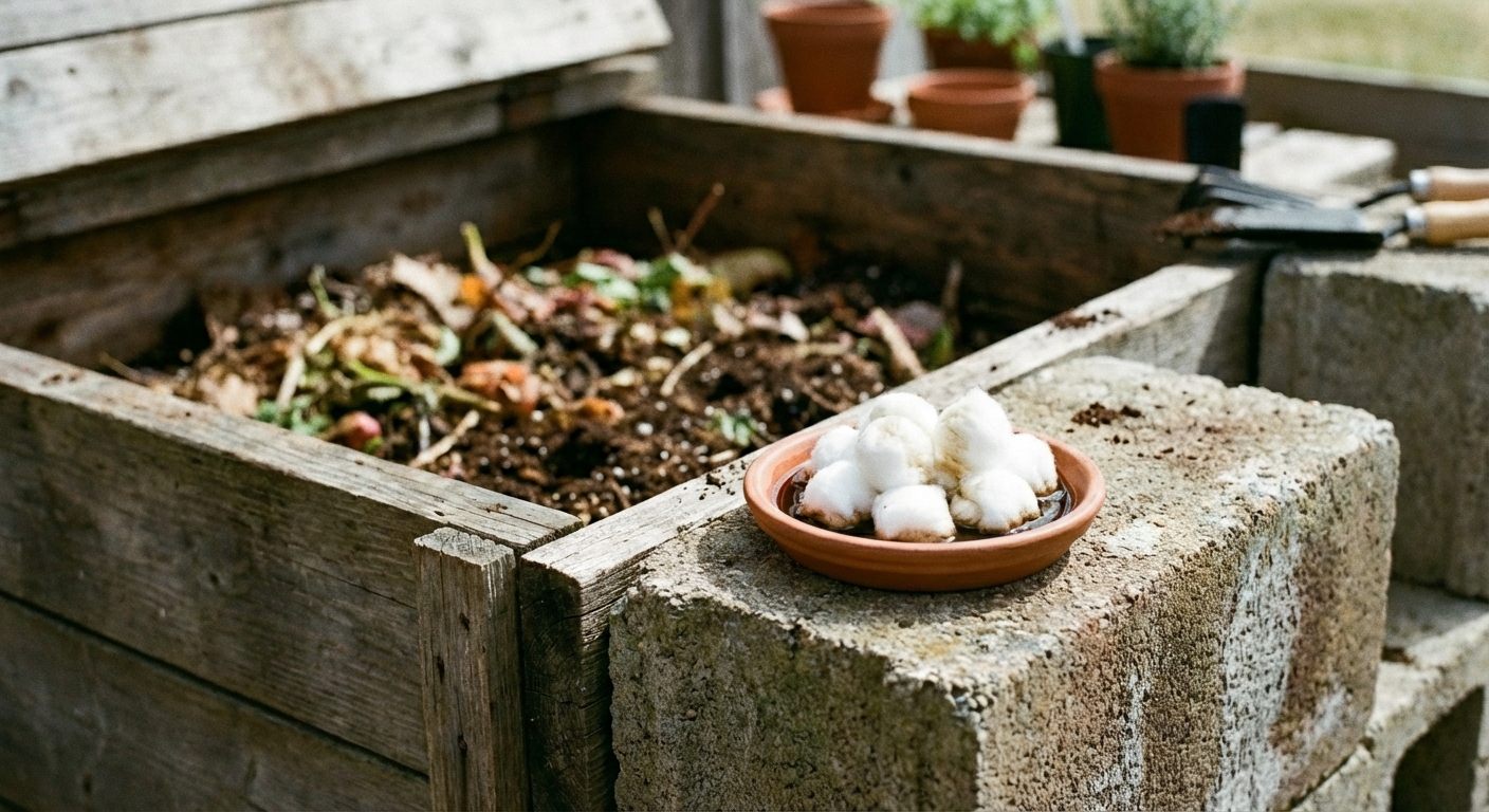 A compost bin area with a small dish of peppermint-soaked cotton balls placed on a nearby concrete block