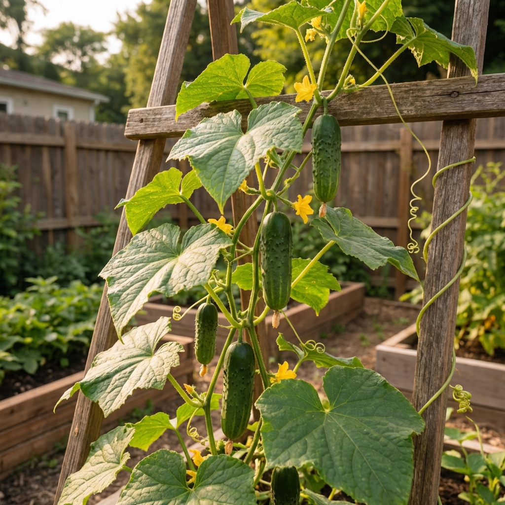 A cucumber vine climbing a garden trellis with several small cucumbers hanging