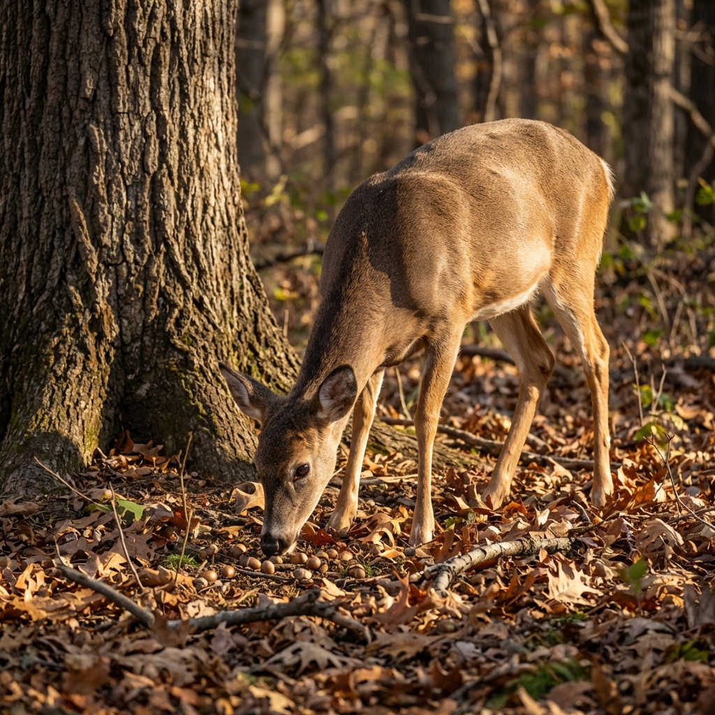 A deer eating fallen acorns beneath an oak tree on a leaf-covered forest floor