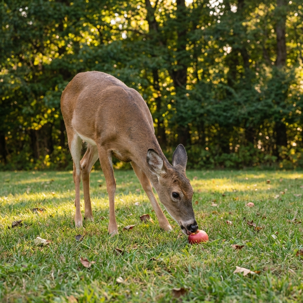 A deer sniffing and nibbling a fallen apple on short grass near a tree line