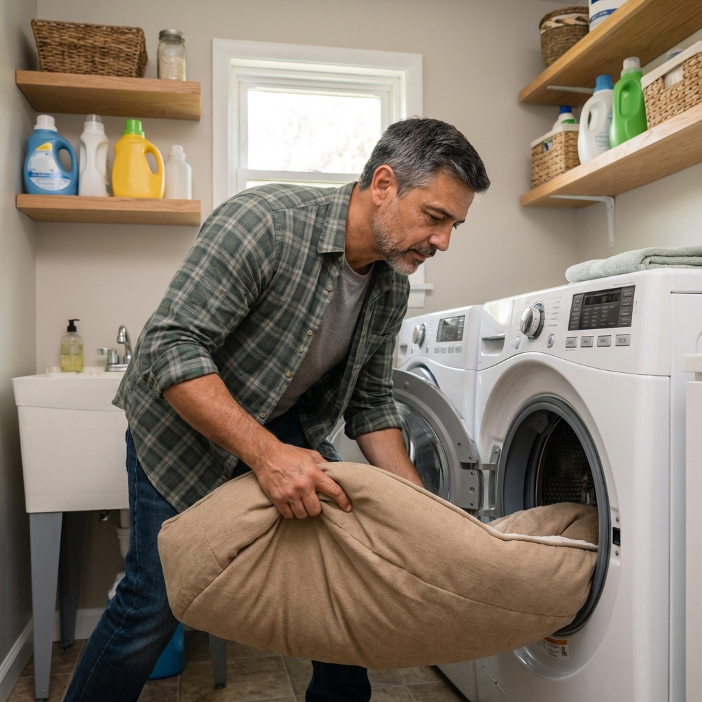 A dog bed being placed into a washing machine in a laundry room