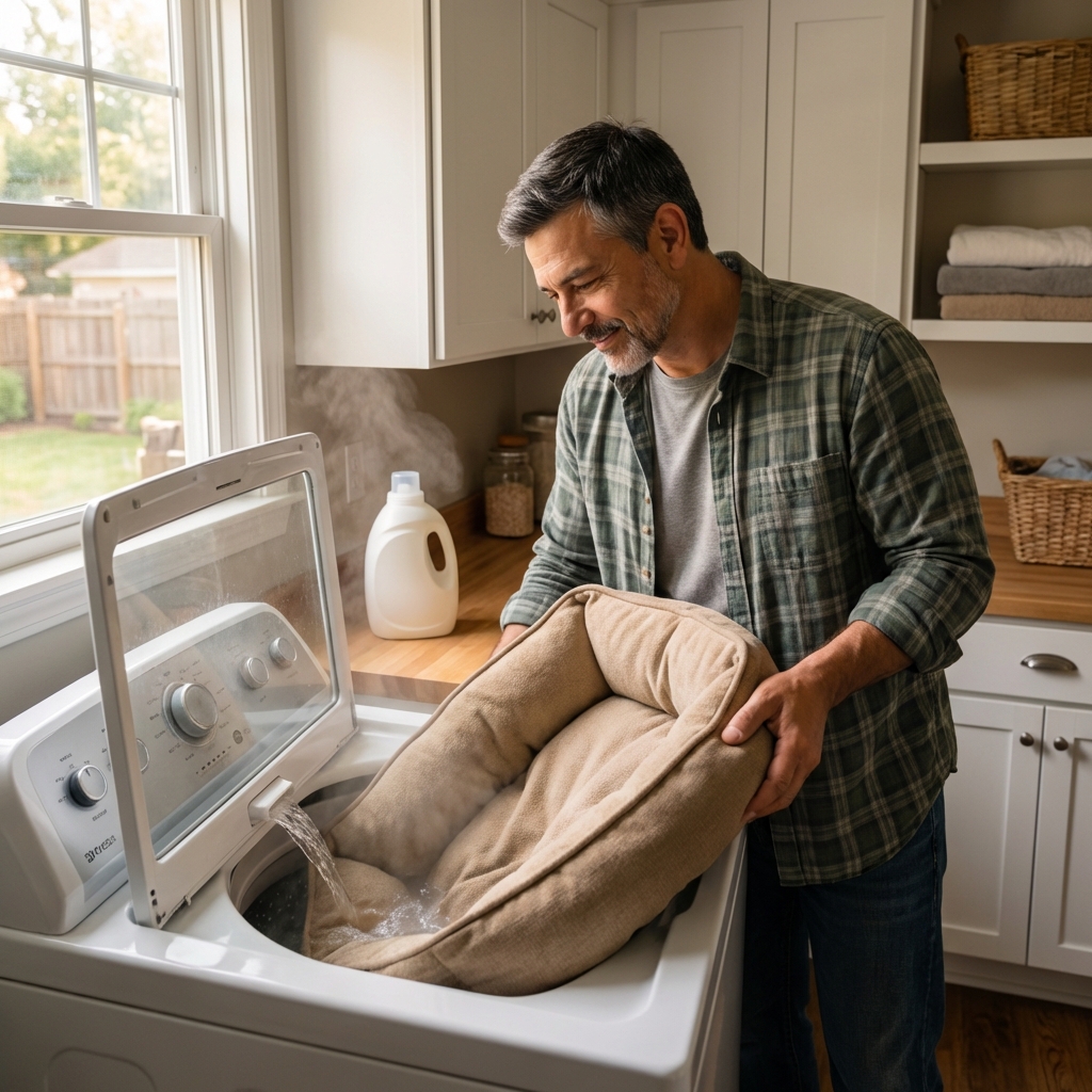 A dog bed being washed in a home laundry room with hot water running into a washing machine