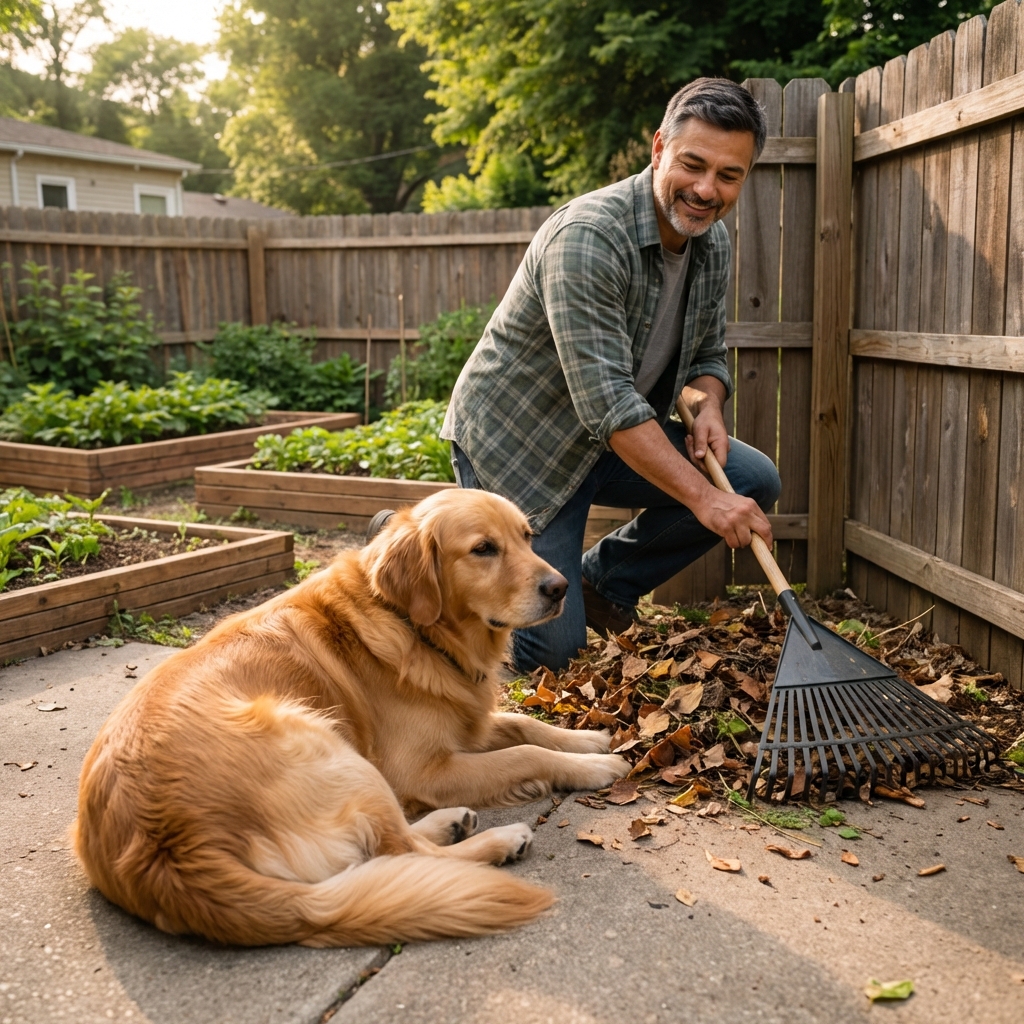 A dog resting on a patio while a person rakes leaves and debris from a shaded corner of a backyard