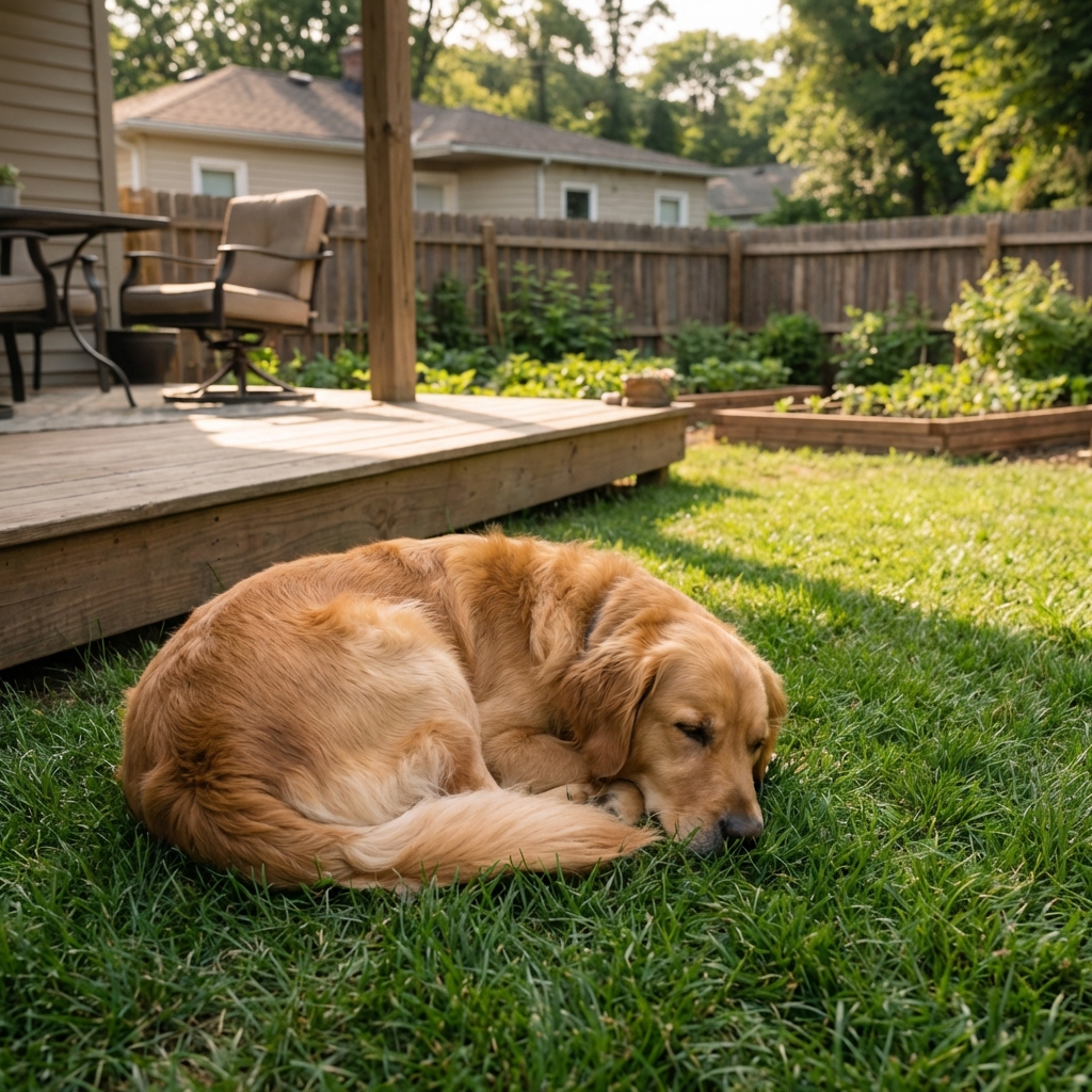 A dog resting on a shaded patch of grass near a backyard deck