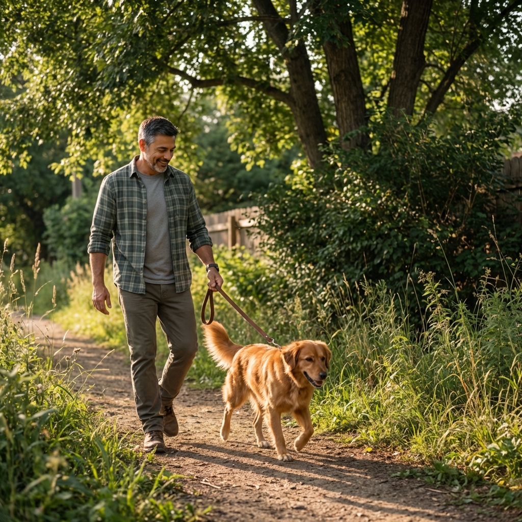 A dog walking on a leash along a shaded path next to tall grass and bushes