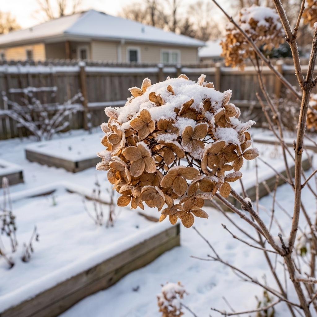 A dried hydrangea flower head left on the shrub in winter with snow on branches in a backyard