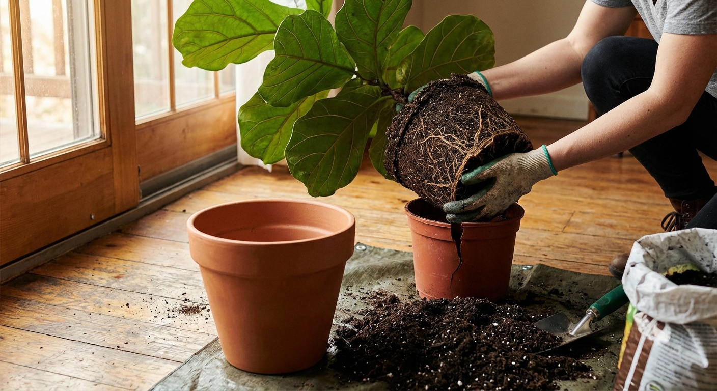 A fiddle leaf fig being repotted on a floor with a new terracotta pot and fresh soil nearby, hands holding the root ball, indoor natural light, photorealistic