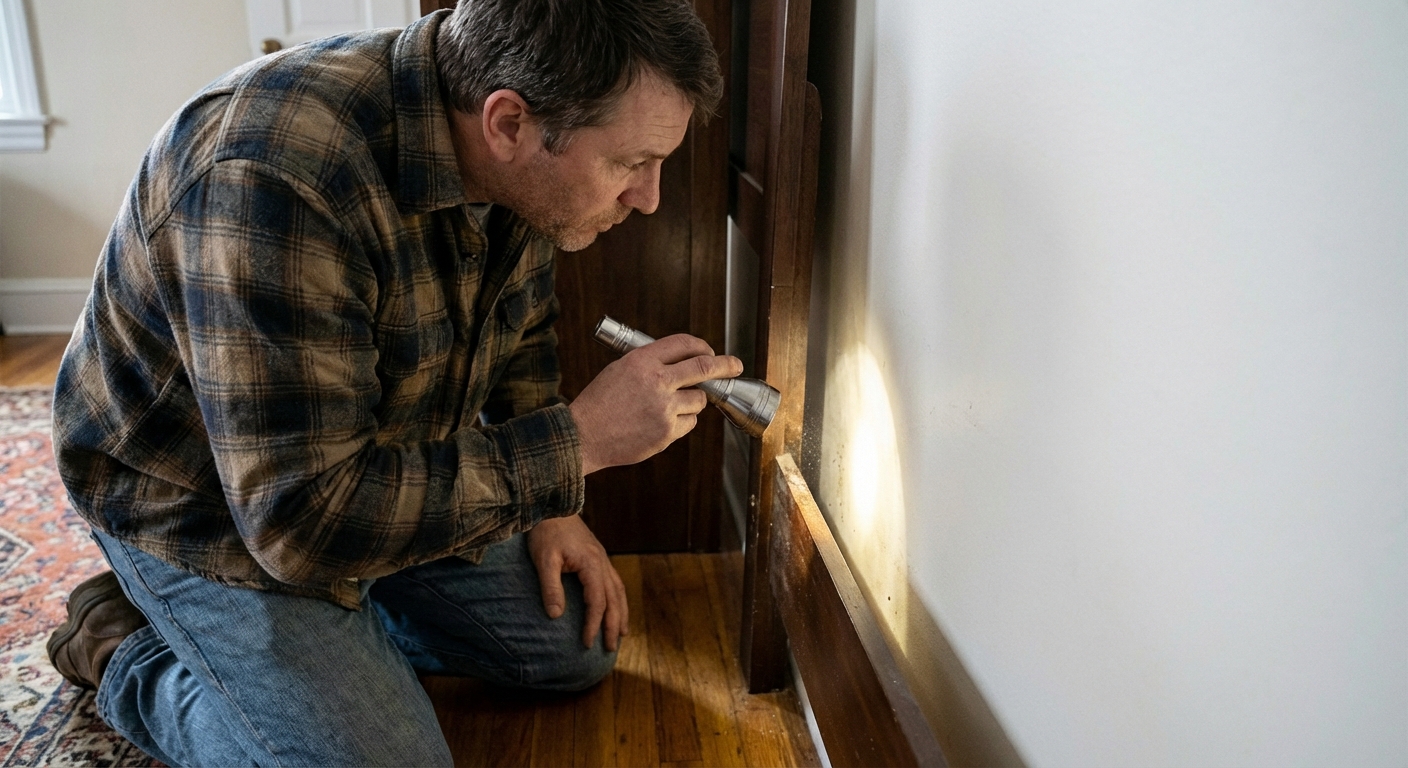 A flashlight shining behind a wooden headboard where it meets a white wall