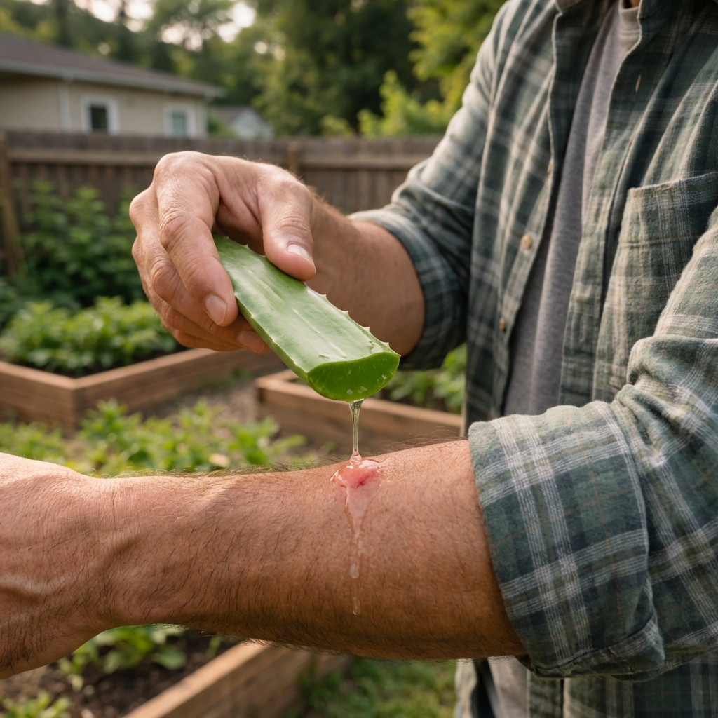 A fresh-cut aloe vera leaf with gel being applied to a small red sting bump on a forearm
