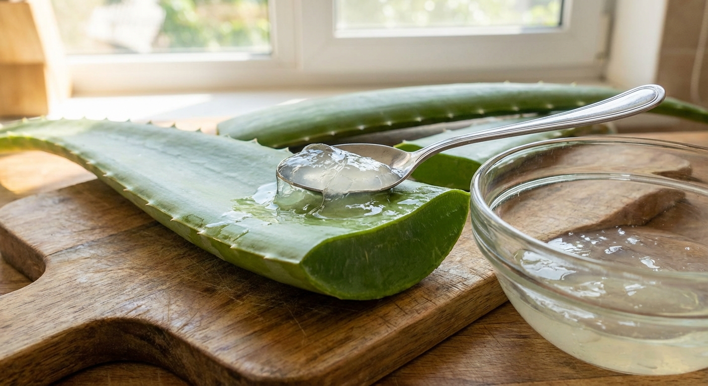 A freshly cut aloe vera leaf on a cutting board with clear gel being scooped out with a spoon