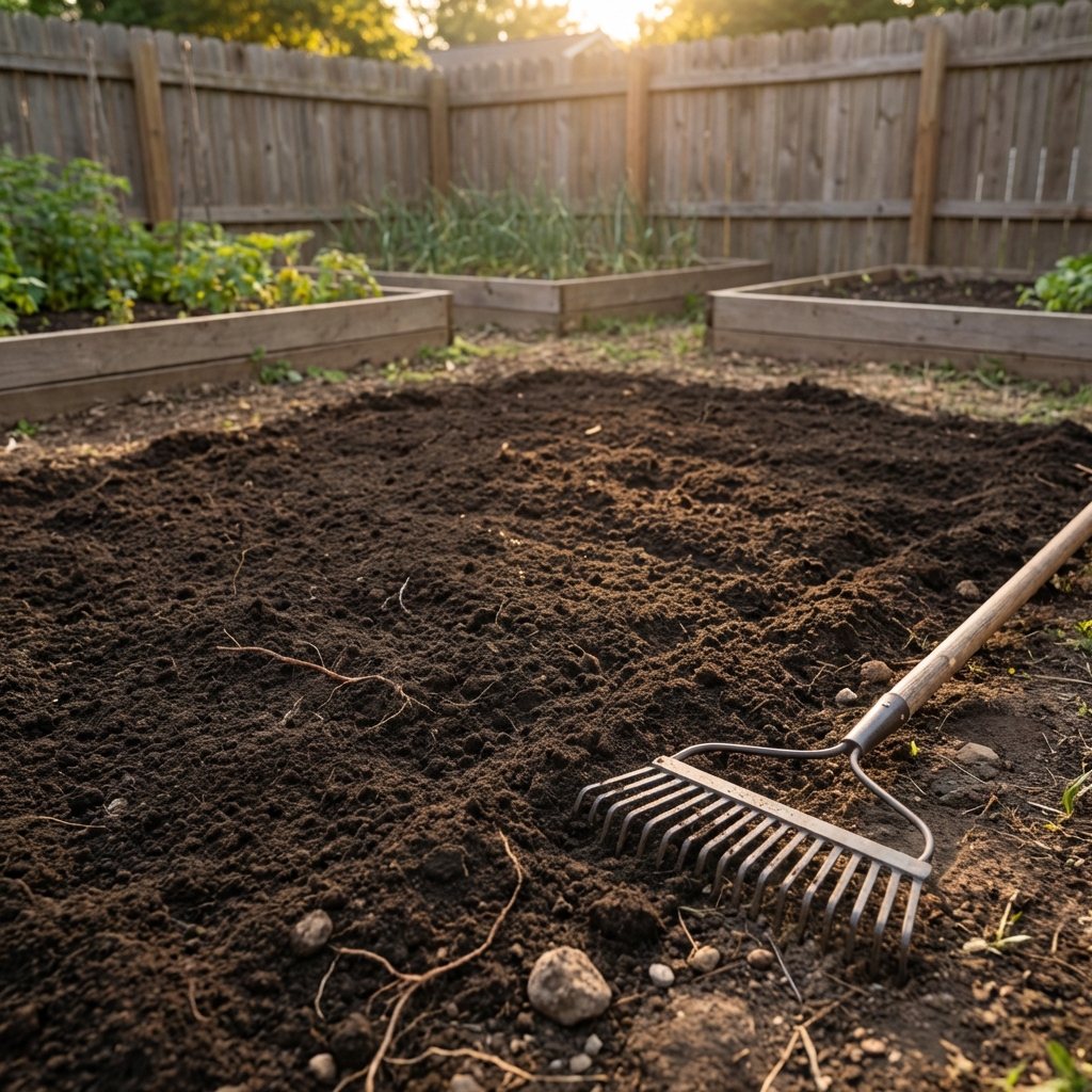 A freshly leveled patch of soil where a stump was removed with a rake resting on the ground