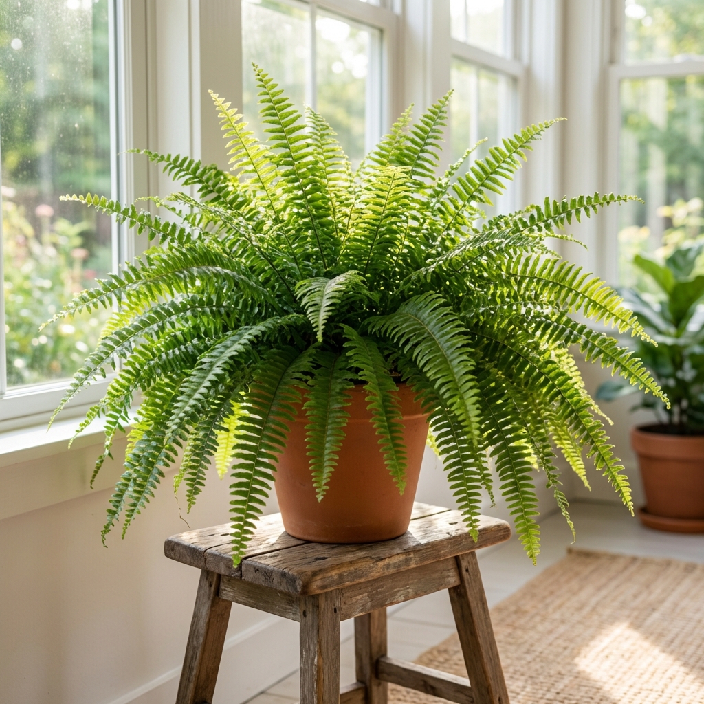 A full Boston fern with lush green fronds sitting on a wooden stool in a bright room