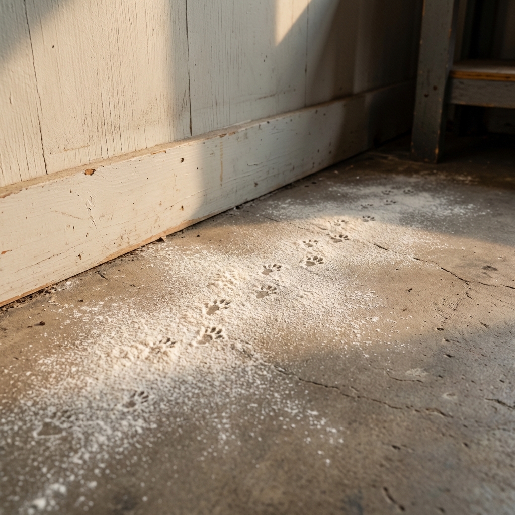 A garage wall base with a light dusting of flour showing small mouse tracks leading toward a corner