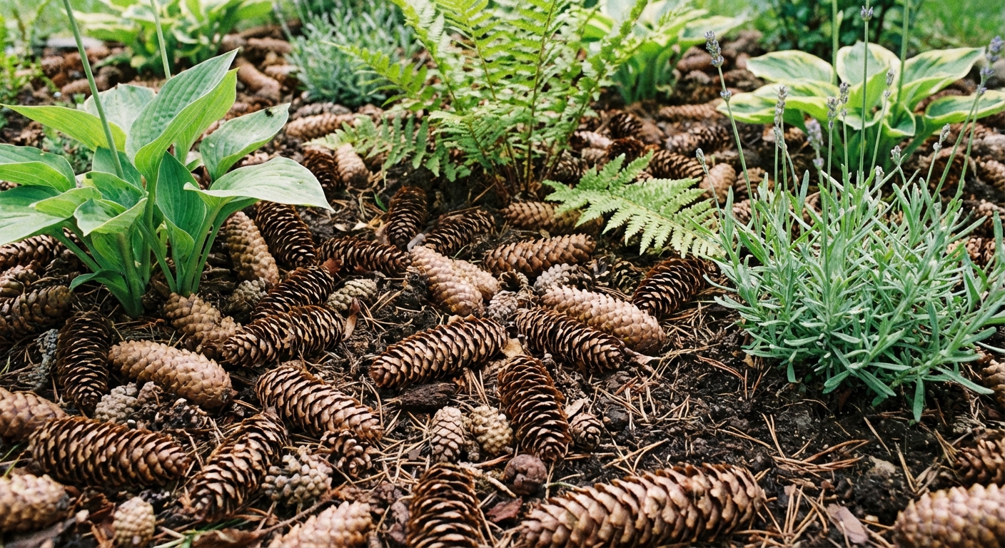 A garden bed surface covered with pine cones around small perennial plants, close-up with natural daylight and visible soil underneath