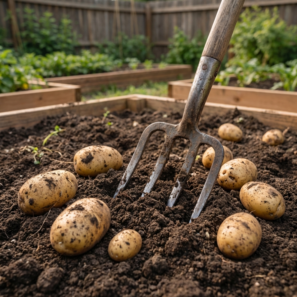 A garden fork set into loose soil next to a potato hill, with several potatoes visible on the surface