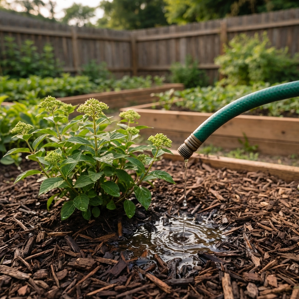 A garden hose slowly watering the base of a newly planted hydrangea with mulch around the plant