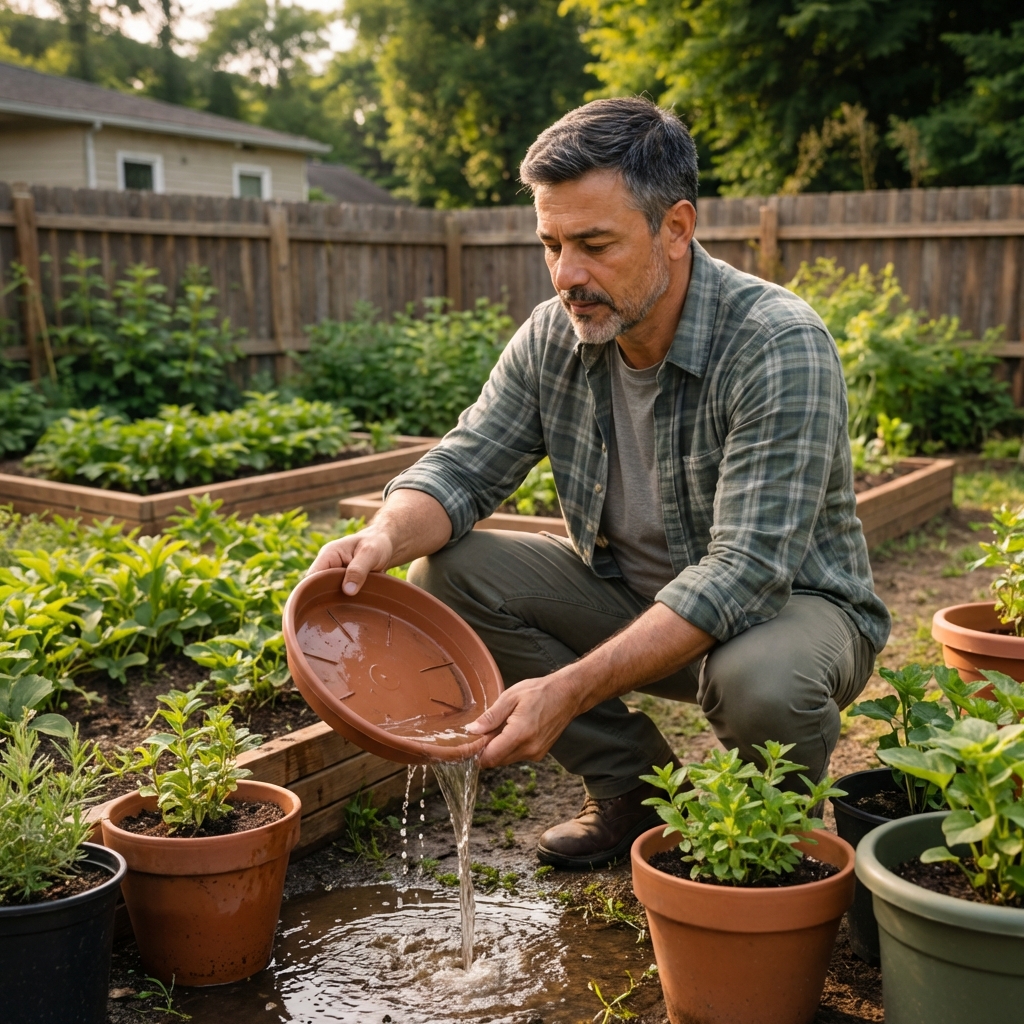 A gardener emptying water from a plastic pot saucer near potted plants in a backyard to prevent mosquito breeding