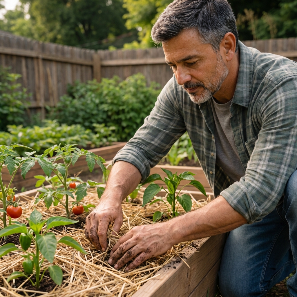 A gardener hand-mulching around vegetable plants in a raised bed