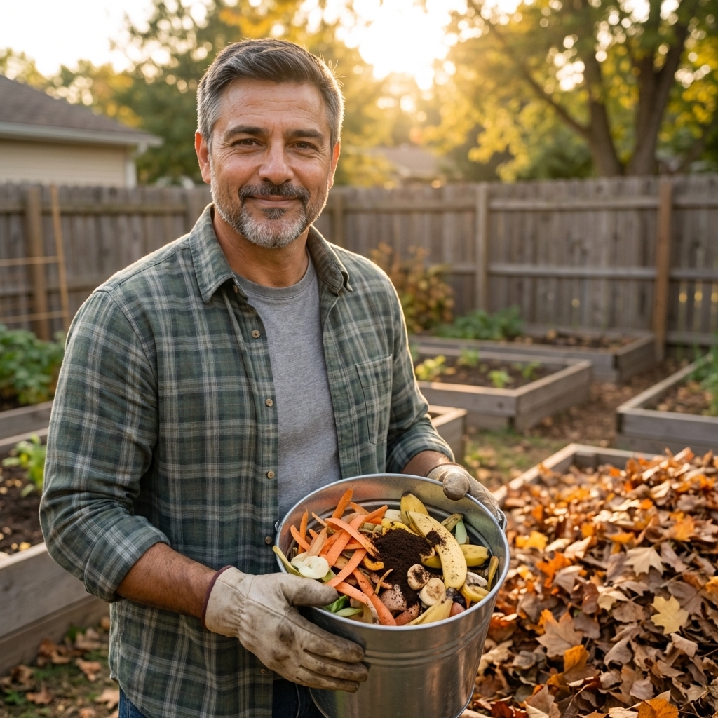 A gardener holding a bucket of vegetable scraps next to a pile of dry leaves in a backyard