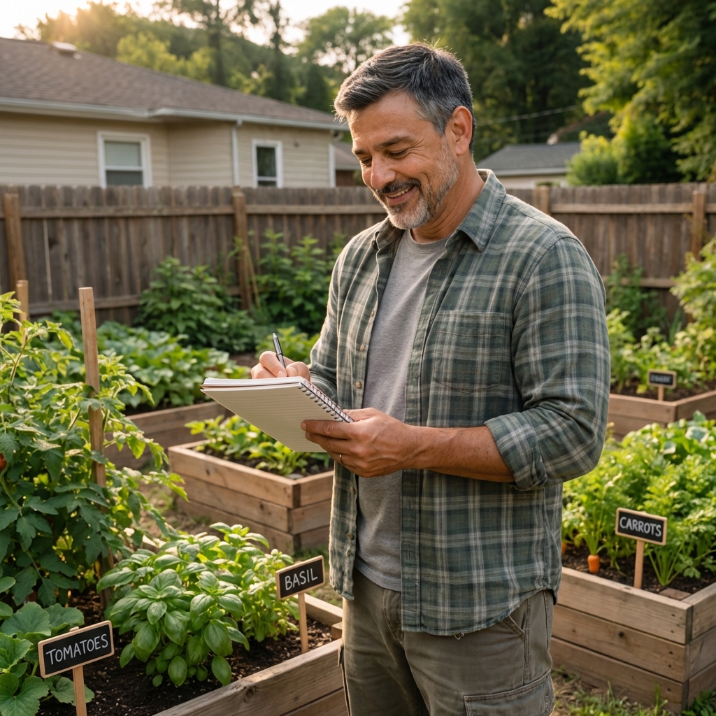 A gardener holding a notebook while standing beside labeled raised beds in a backyard