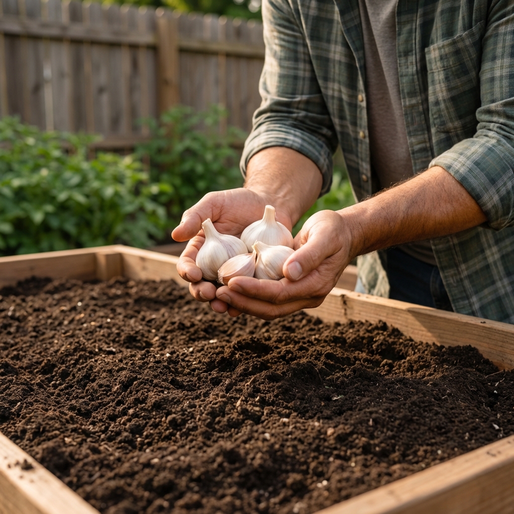 A gardener holding several firm garlic cloves above a prepared garden bed with loose soil