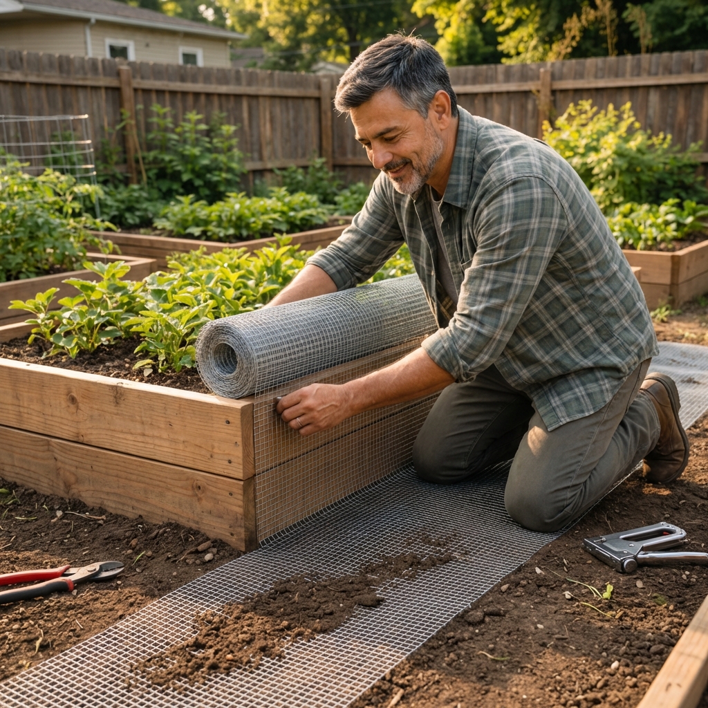 A gardener installing hardware cloth fencing around a raised bed with the mesh laid outward on the ground as a dig barrier