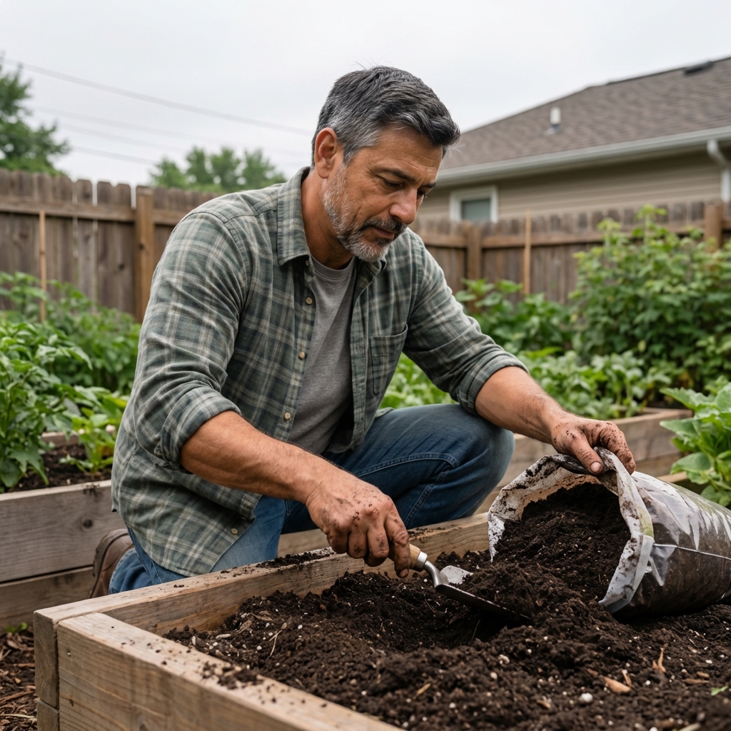 A gardener mixing compost into a raised bed with dark, crumbly soil on an overcast day