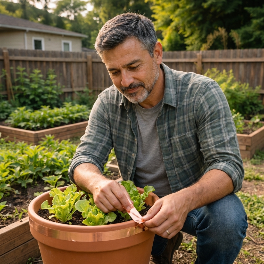 A gardener placing a copper tape strip around the rim of a terracotta pot with young lettuce plants