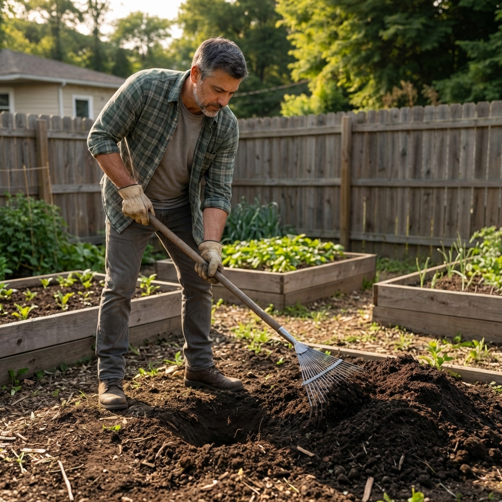 A gardener spreading finished compost with a rake over a freshly backfilled stump hole in a backyard