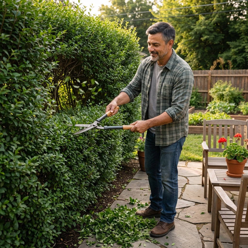 A gardener trimming a dense hedge next to a patio to improve airflow
