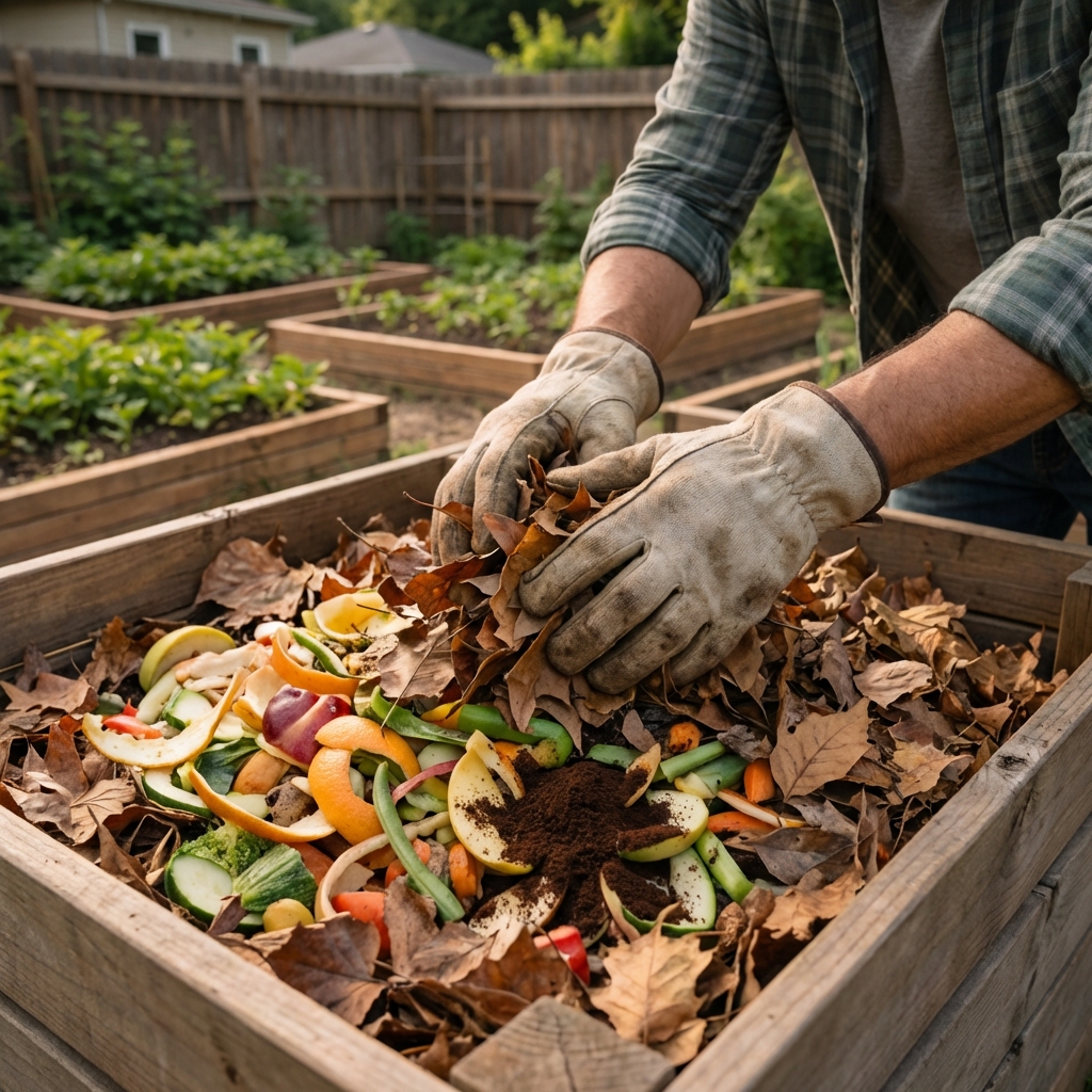 A gardener’s gloved hands covering fresh kitchen scraps in a compost bin with dry leaves