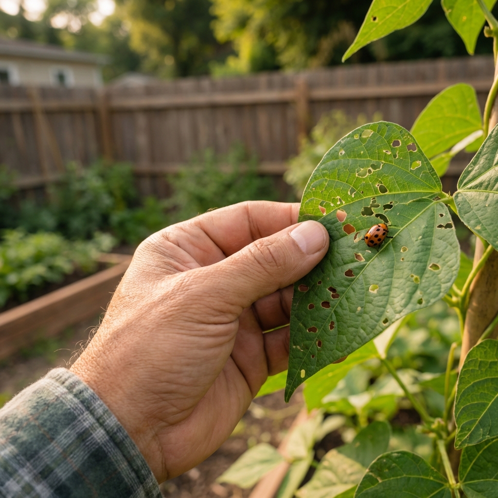 A gardener’s hand holding a pole bean leaf with small chew holes and a beetle visible on the leaf