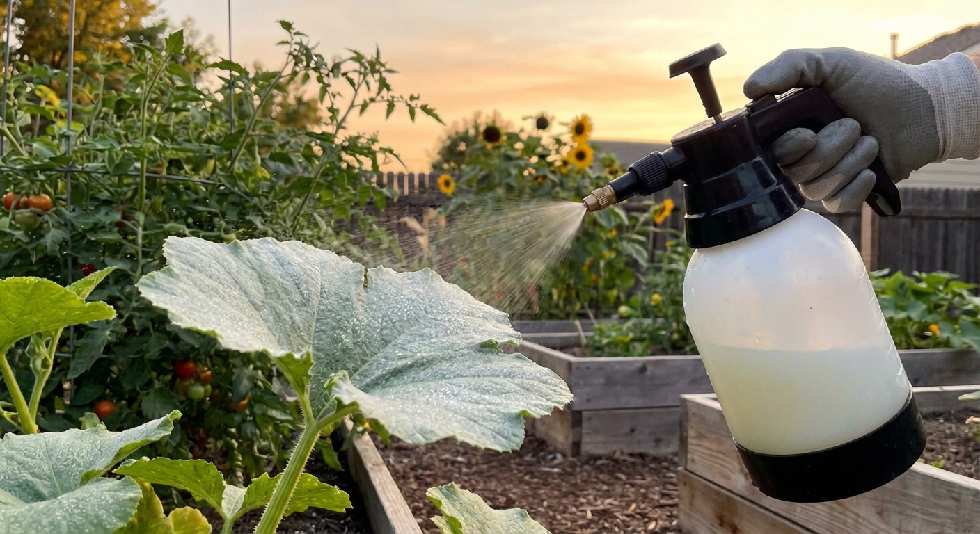 A gardener's hand holding a pump sprayer applying neem oil to the underside of a squash leaf in the evening light, with droplets visible on the leaf surface, backyard garden setting