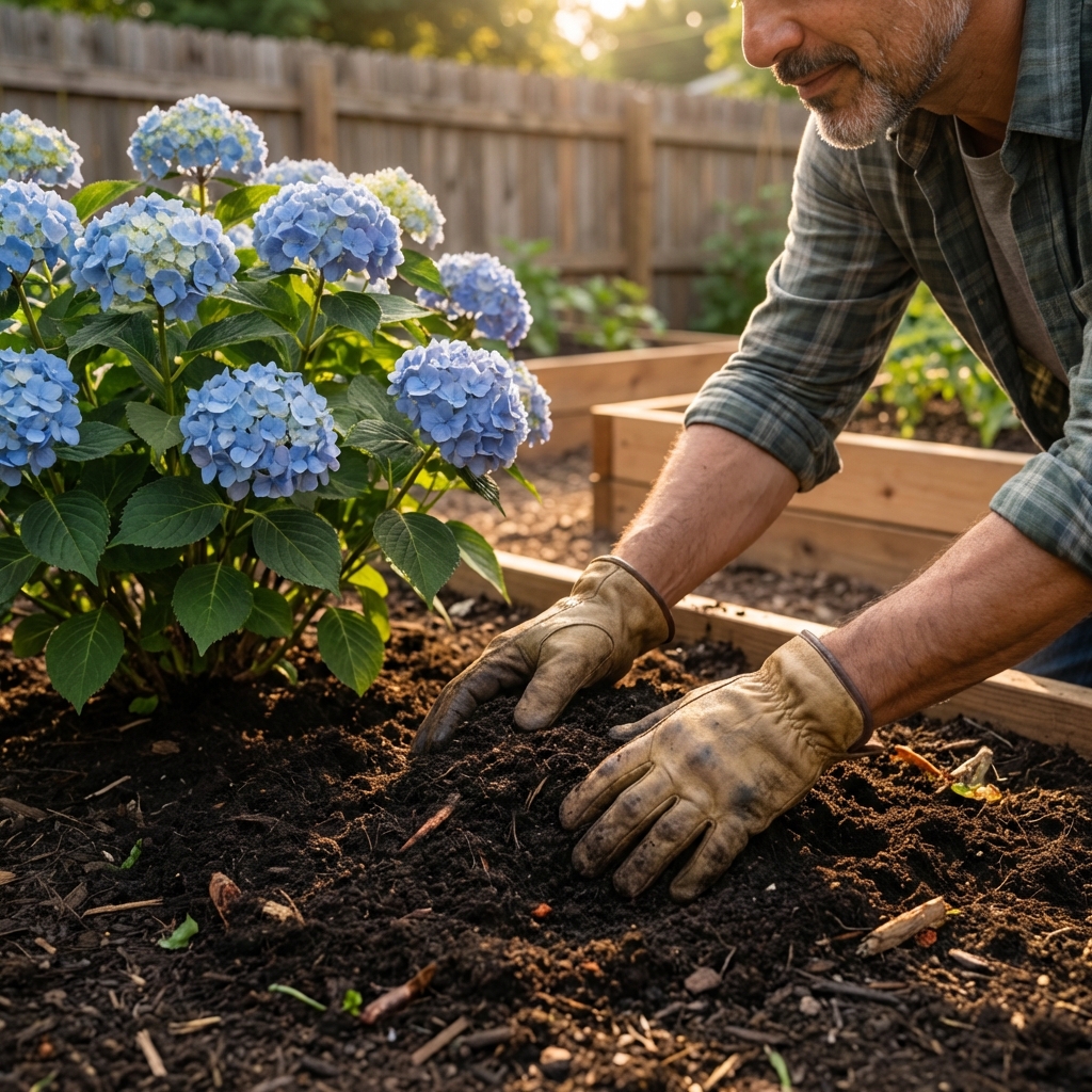 A gardener’s hands spreading finished compost around the base of a hydrangea in an outdoor garden bed