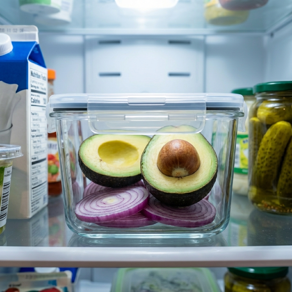 A glass airtight container in a refrigerator holding a halved avocado placed above a few slices of red onion