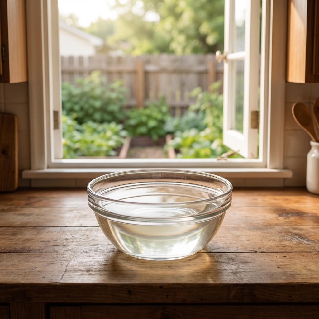 A glass bowl of white vinegar sitting on a kitchen counter near an open window