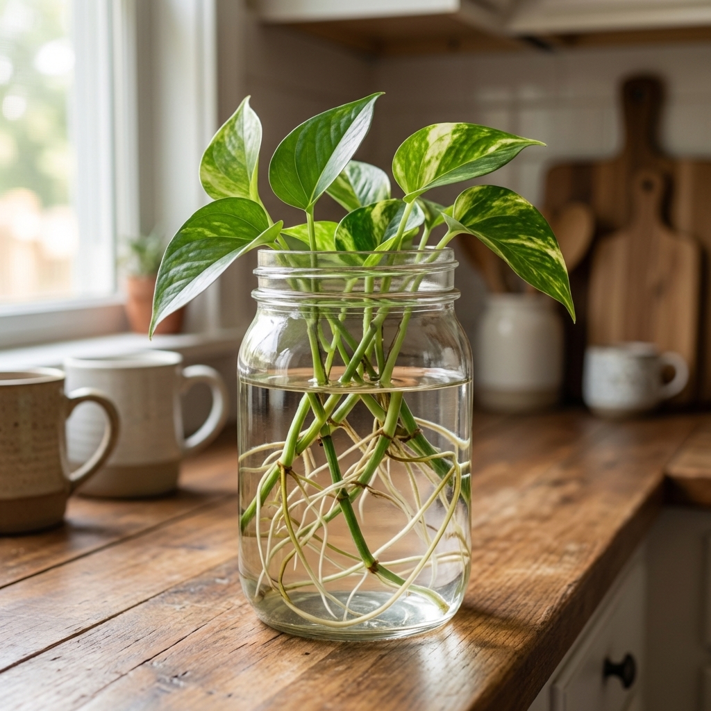 A glass jar on a kitchen counter holding pothos cuttings with visible white roots in clear water
